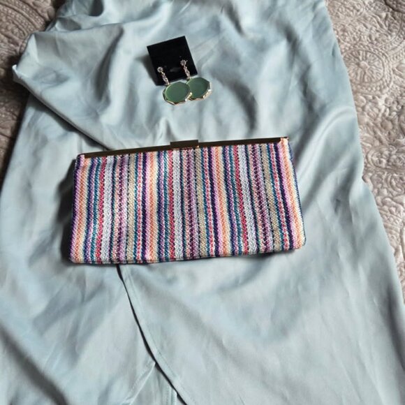 J-Crew Striped Satin-y Clutch Purse Bag Multi-Colored Gold clasp - Picture 11 of 16